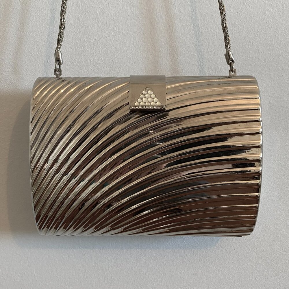 Vintage Silver Tone Grooved Metal Hardshell Evening Bag with Rhinestone Detail